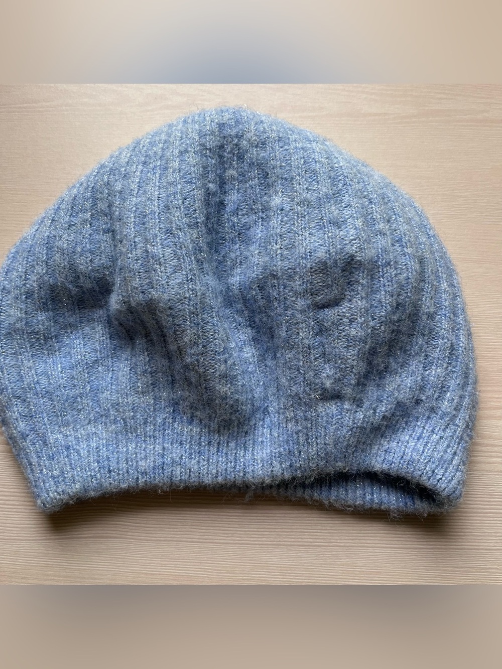 Anthropologie Blue Ribbed Knit Slouchy Beanie Hat Soft Fuzzy Winter Cap OS
